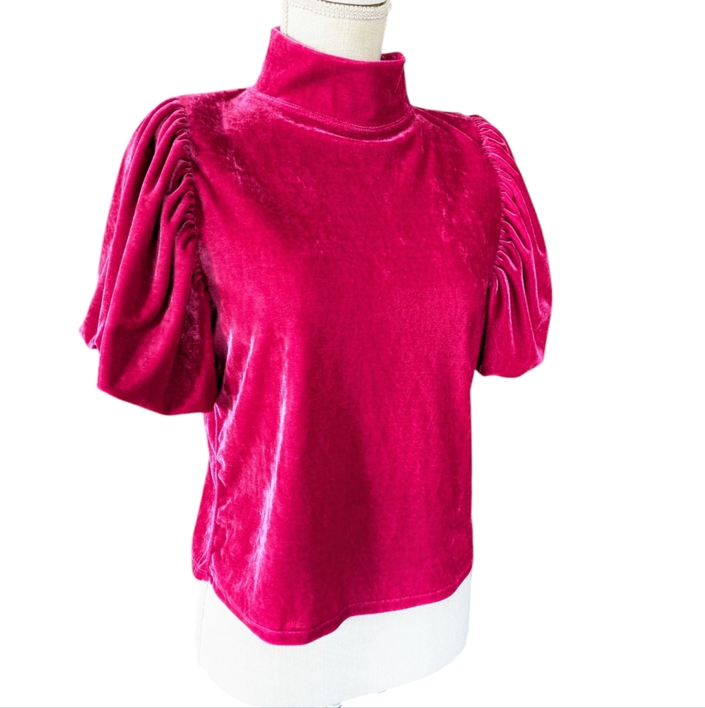 Free People Velvet Puff Sleeve Mock Neck Top - Fuchsia Pink